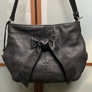Brighton Black Pebbled Leather Adjustable Shoulder Bag Purse Hobo Bow Accented